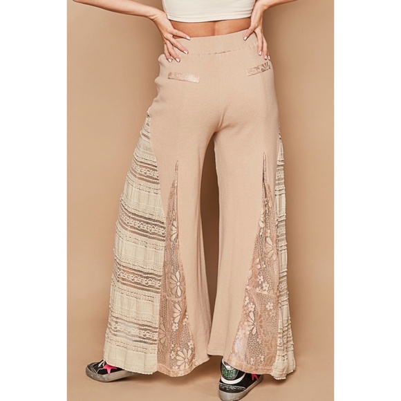 POL Mocha Latte Stretch Knit Lace Panel Wide Leg Pants - Picture 9 of 14